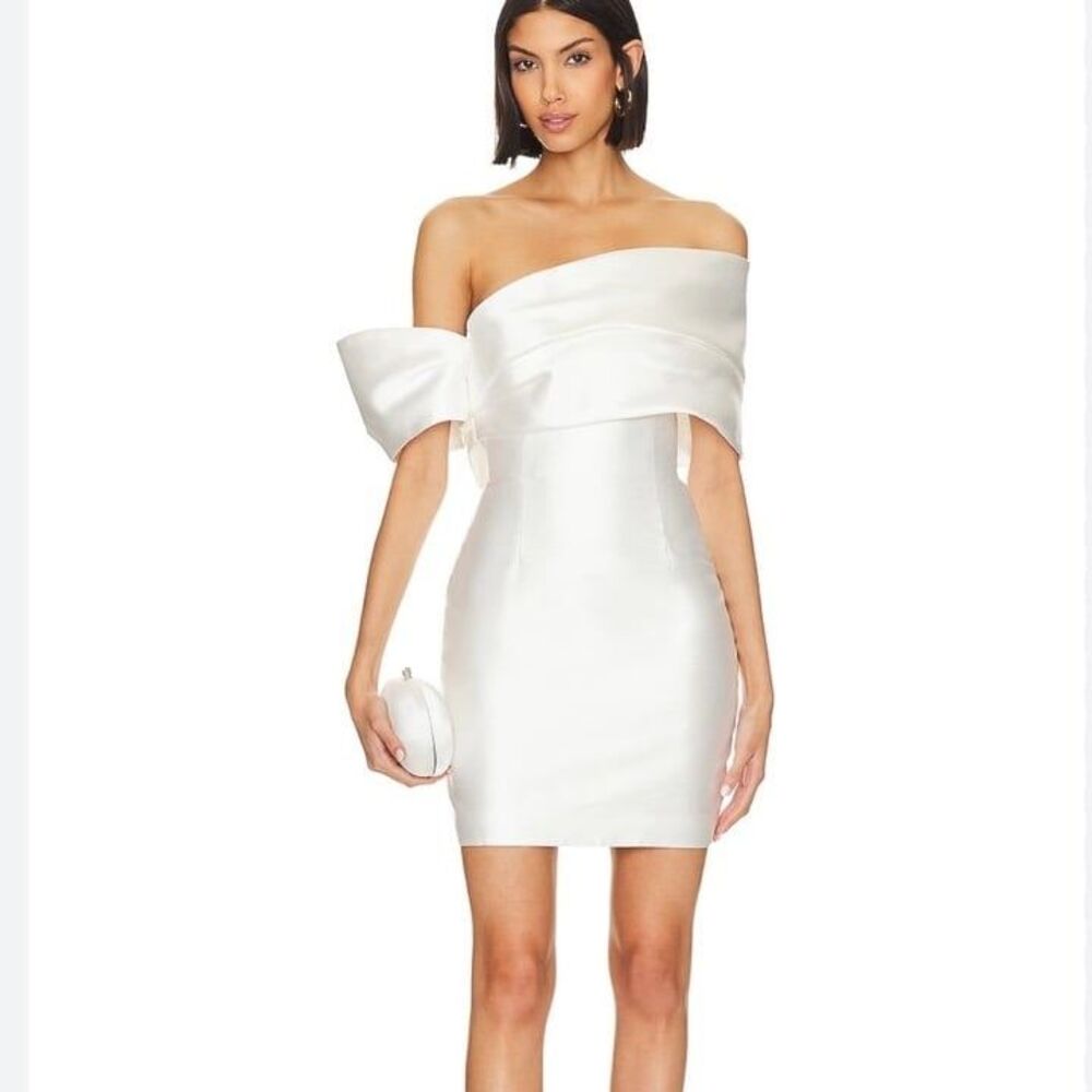 SOLACE LONDON Edda off-the-shoulder faille mini dress white